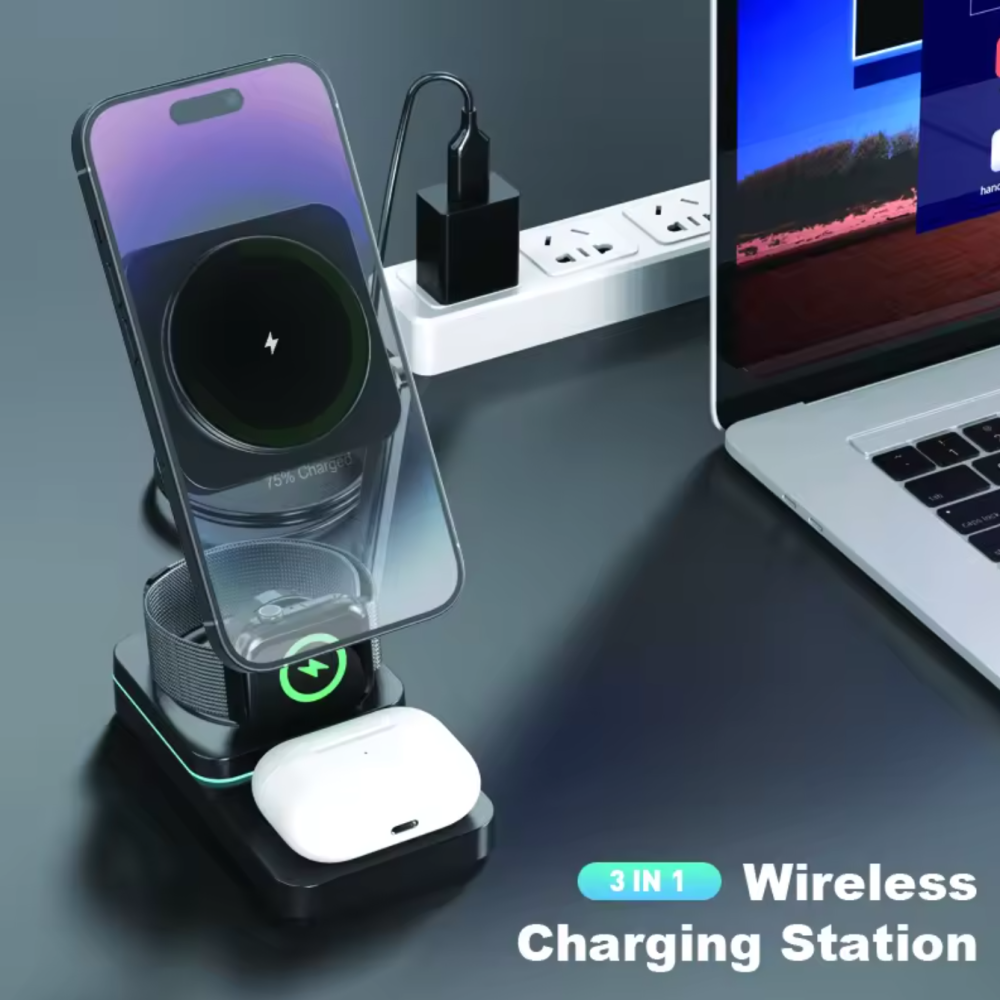 Складная станция беспроводной зарядки 3 в 1 Magsafe T6 25W для Apple iPhone 12-15, Apple Watch 2-9, Airpods Черная