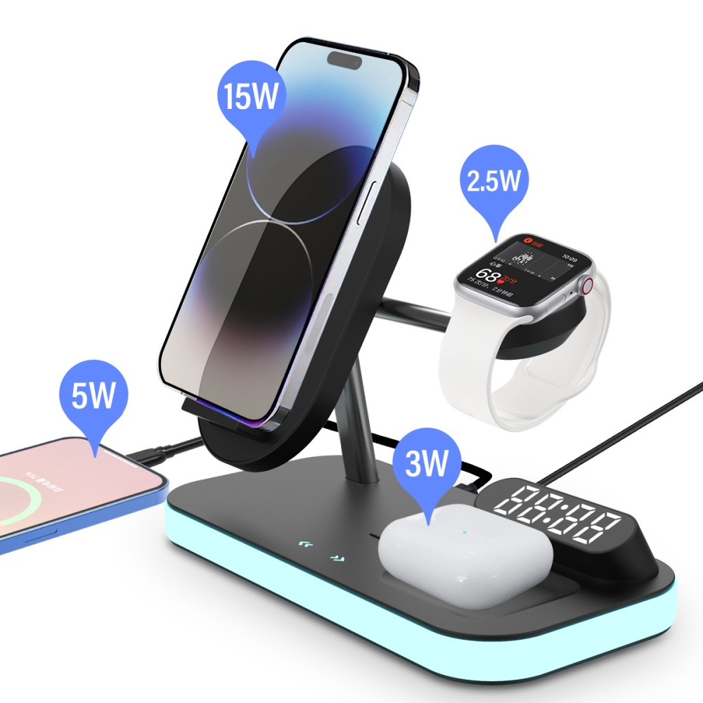 Беспроводная станция с часами 3 in 1 QINETIQ Blue neon series QN-8D for Samsung and iPhone