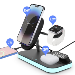 Беспроводная станция с часами 3 in 1 QINETIQ Blue neon series QN-8D for Samsung and iPhone