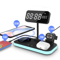 Беспроводная док-станция с часами 3 in 1 QINETIQ Blue neon series LED QN-8A for iPhone Magsafe