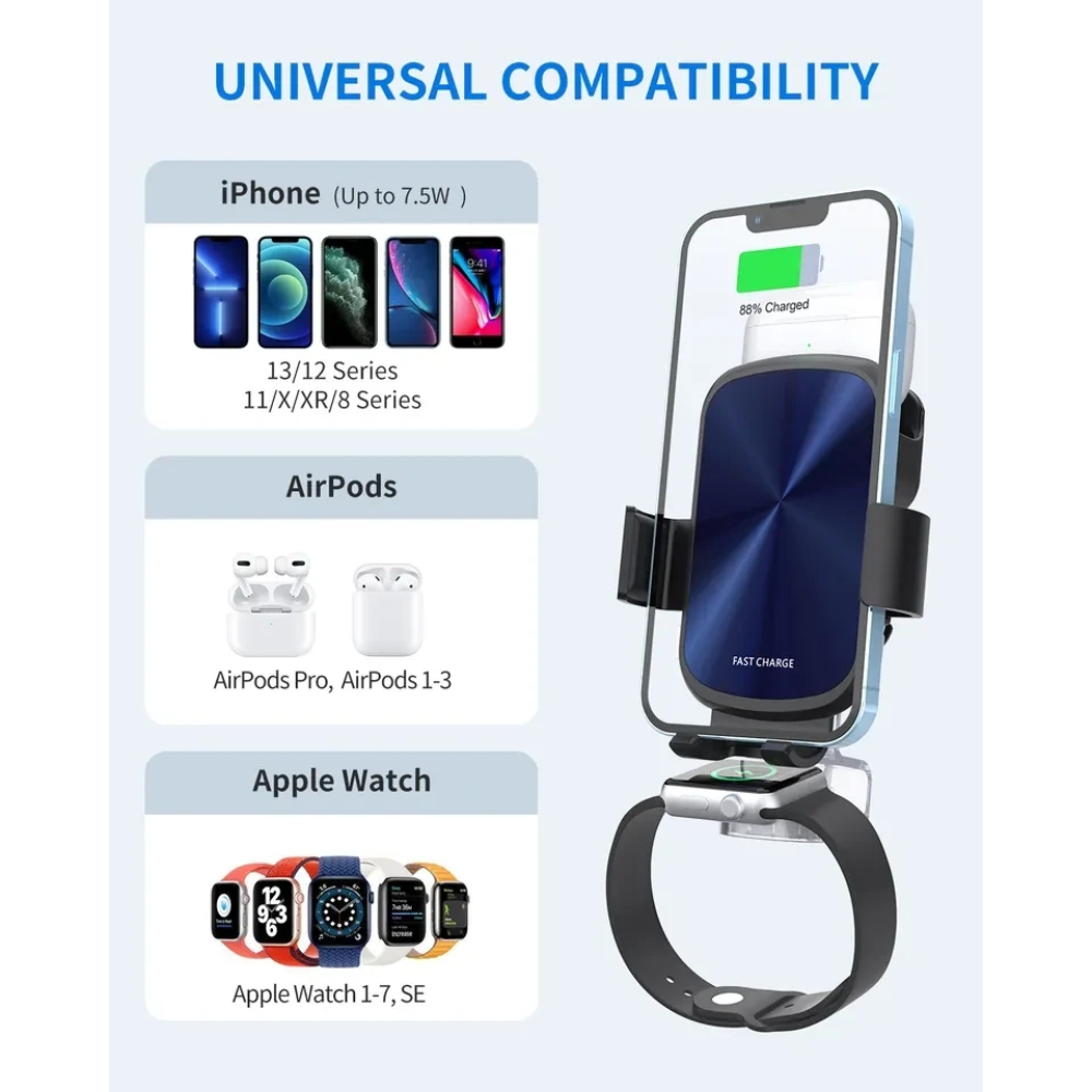 Беспроводная док-станция - автодержатель в машину 3 в 1 S5 15W для Apple iPhone/iWatch/AirPods