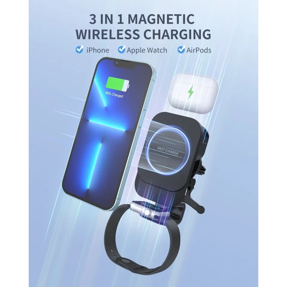 Автодержатель с беспроводной магнитной зарядкой 3в1 Magsafe S12 15W для смартфона iPhone 12/15 AirPods/Watch