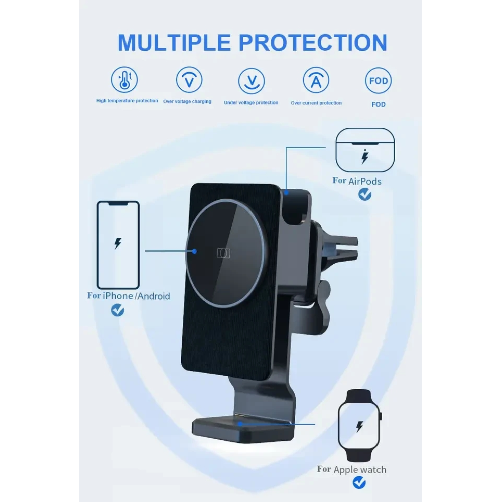Автодержатель с беспроводной зарядкой 3 в 1 HY-056 15W для Apple iPhone 12-15/iWatch/AirPods