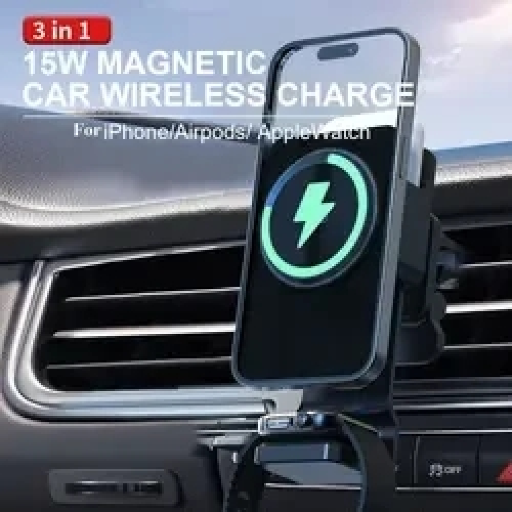Автодержатель с беспроводной зарядкой 3 в 1 HY-056 15W для Apple iPhone 12-15/iWatch/AirPods