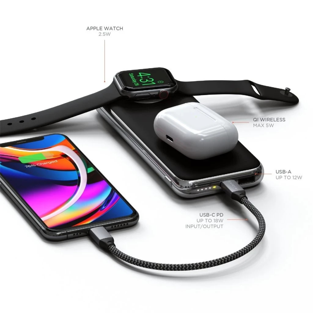 Беспроводной повербанк, зарядка для смартфонов и часов Apple iPhone/iWatch/AirPods Satechi 10 000 mAh Gray