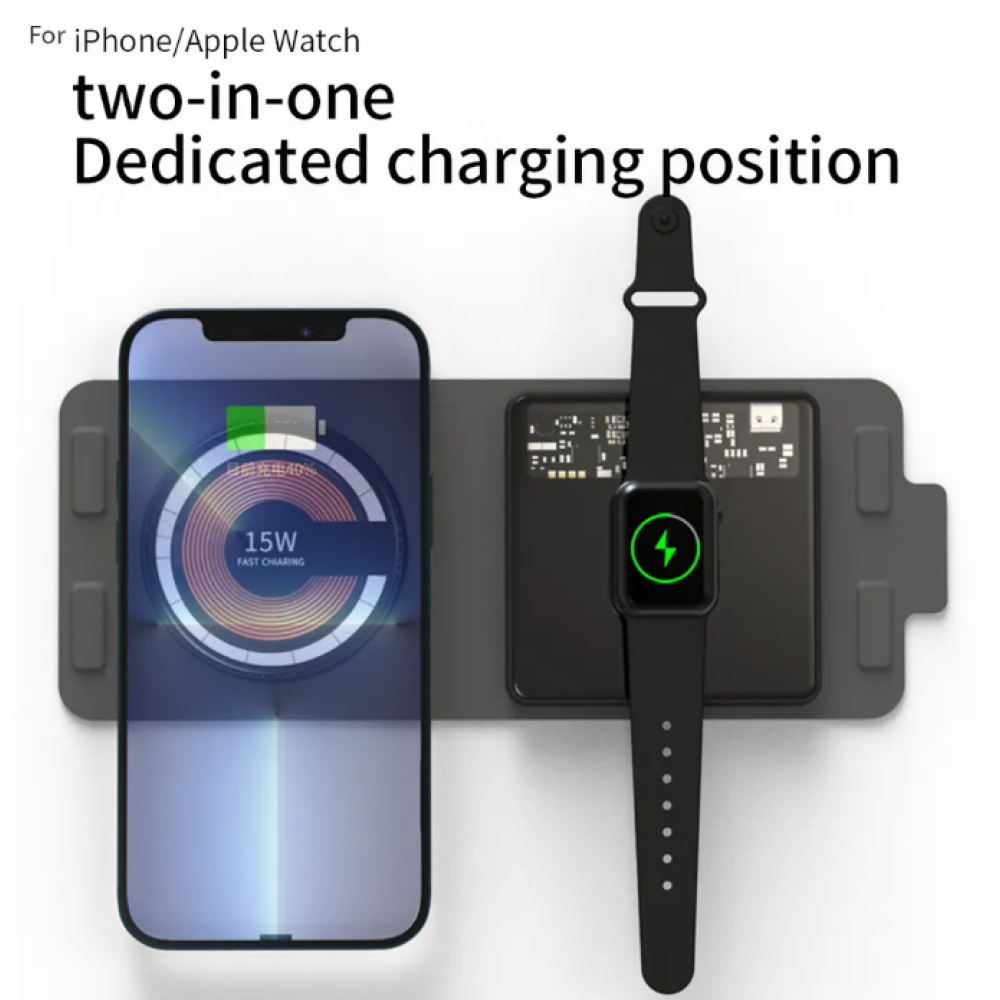 Складная беспроводная Зарядная Станция 2 в 1 для iPhone и Apple Watch Magsafe T02 15W
