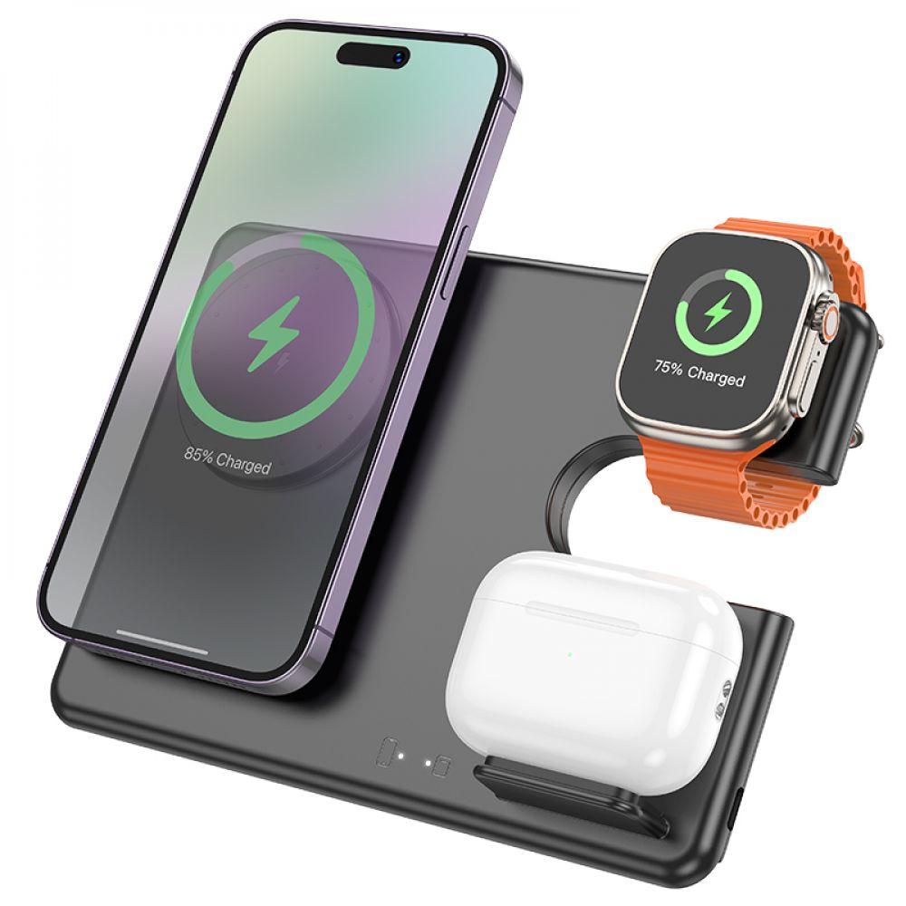 Беспроводное Зарядное Устройство Hoco CQ1 3-in-1 15W для iPhone 12/15, Apple Watch 1-9, AirPods