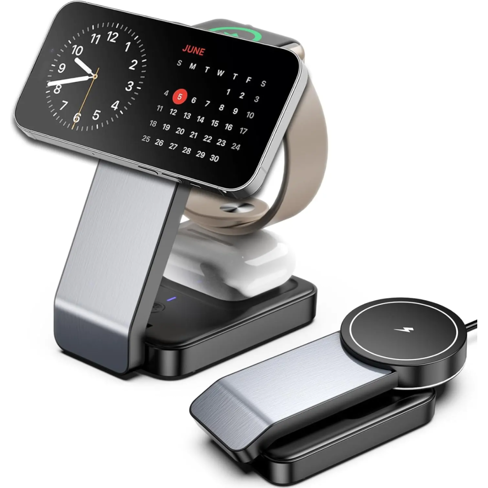 Складная беспроводная док-станция 3 в 1 Magsafe Q79 25W для Apple iPhone 12/15, iWatch, AirPods Space Gray