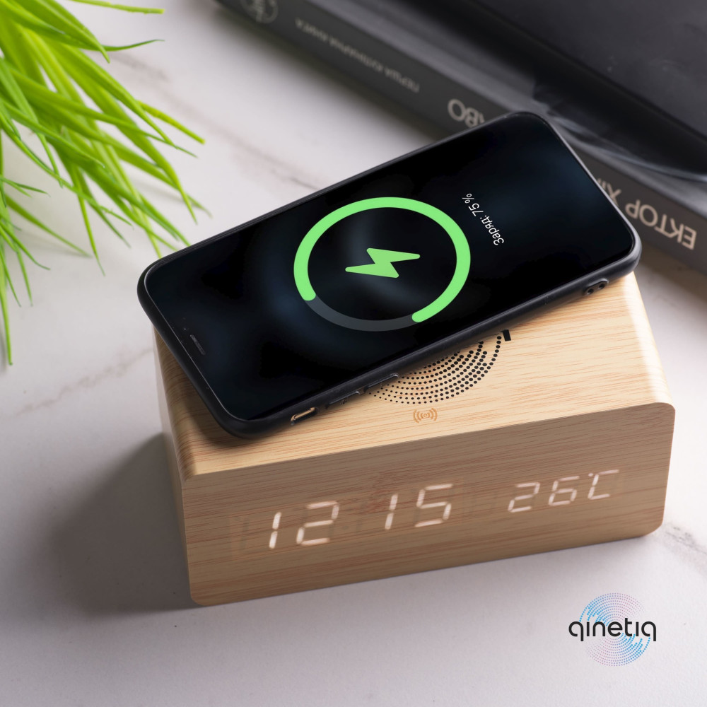 Беспроводная зарядка с LED-Часами Wood-clock QINETIQ 1000 10W