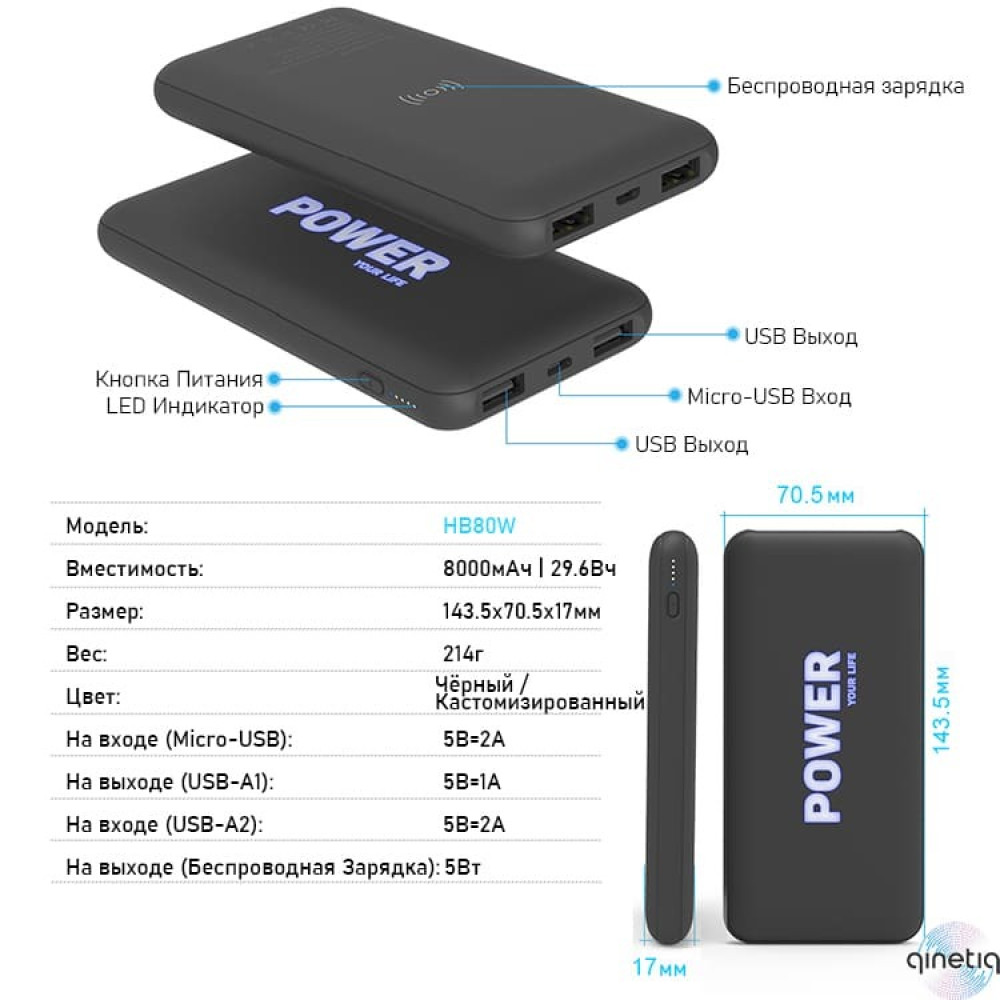 Power bank c беспроводной зарядкой QINETIQ Wireless Power Bank 8000mAh HB80W