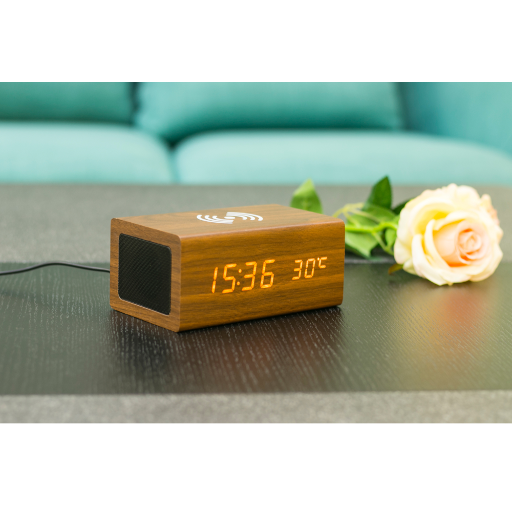 Деревянная беспроводная зарядка с Bluetooth-колонкой и часами Wood QINETIQ 10W