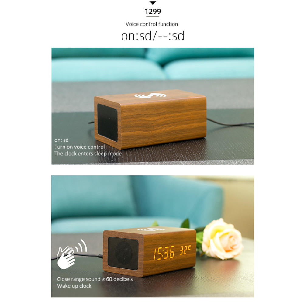 Деревянная беспроводная зарядка с Bluetooth-колонкой и часами Wood QINETIQ 10W