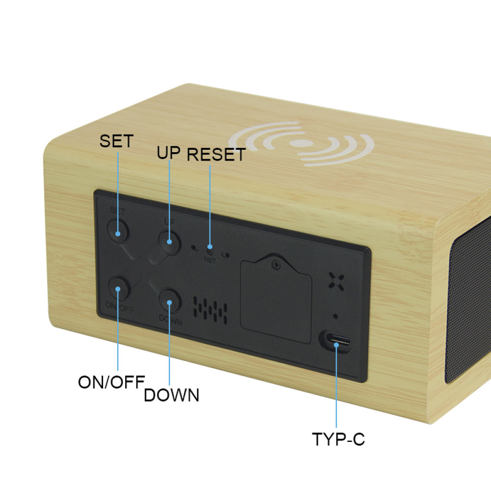 Деревянная беспроводная зарядка с Bluetooth-колонкой и часами Wood QINETIQ 10W