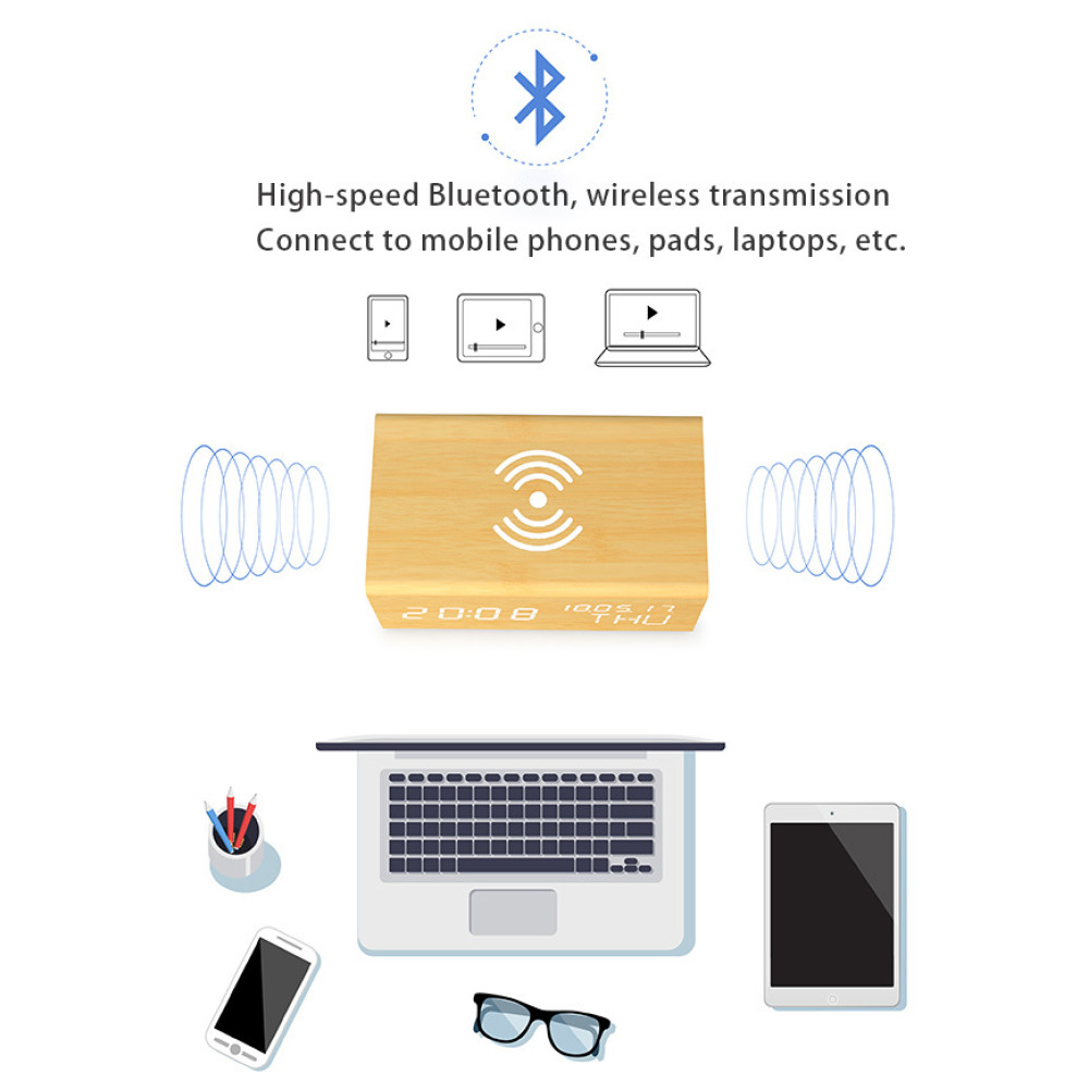 Деревянная беспроводная зарядка с Bluetooth-колонкой и часами Wood QINETIQ 10W