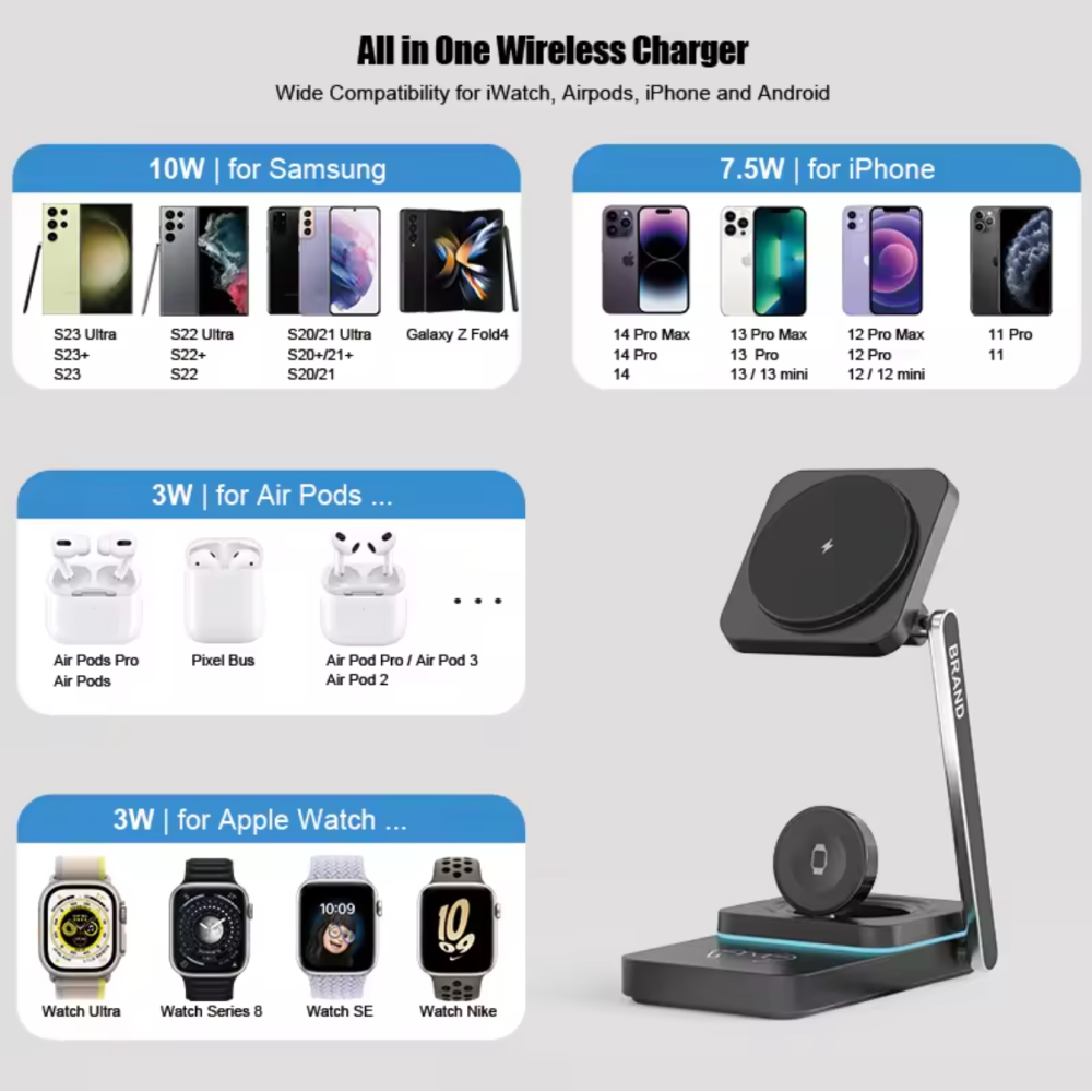 Складная станция беспроводной зарядки 3 в 1 Magsafe T6 25W для Apple iPhone 12-15, Apple Watch 2-9, Airpods Черная